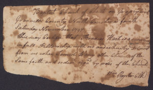 Dismission letter for Frances Hart, circa 1797 (Grassy Creek Baptist Church).